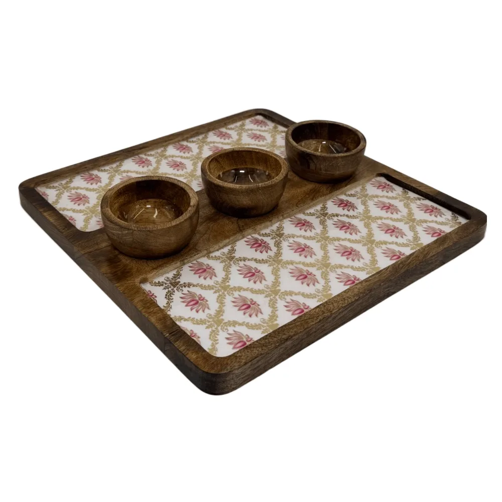 Decorative Wooden Snack Platter with Three Bowls, Handcrafted 12x12" Square Wooden Serving Tray for Dips & Nuts