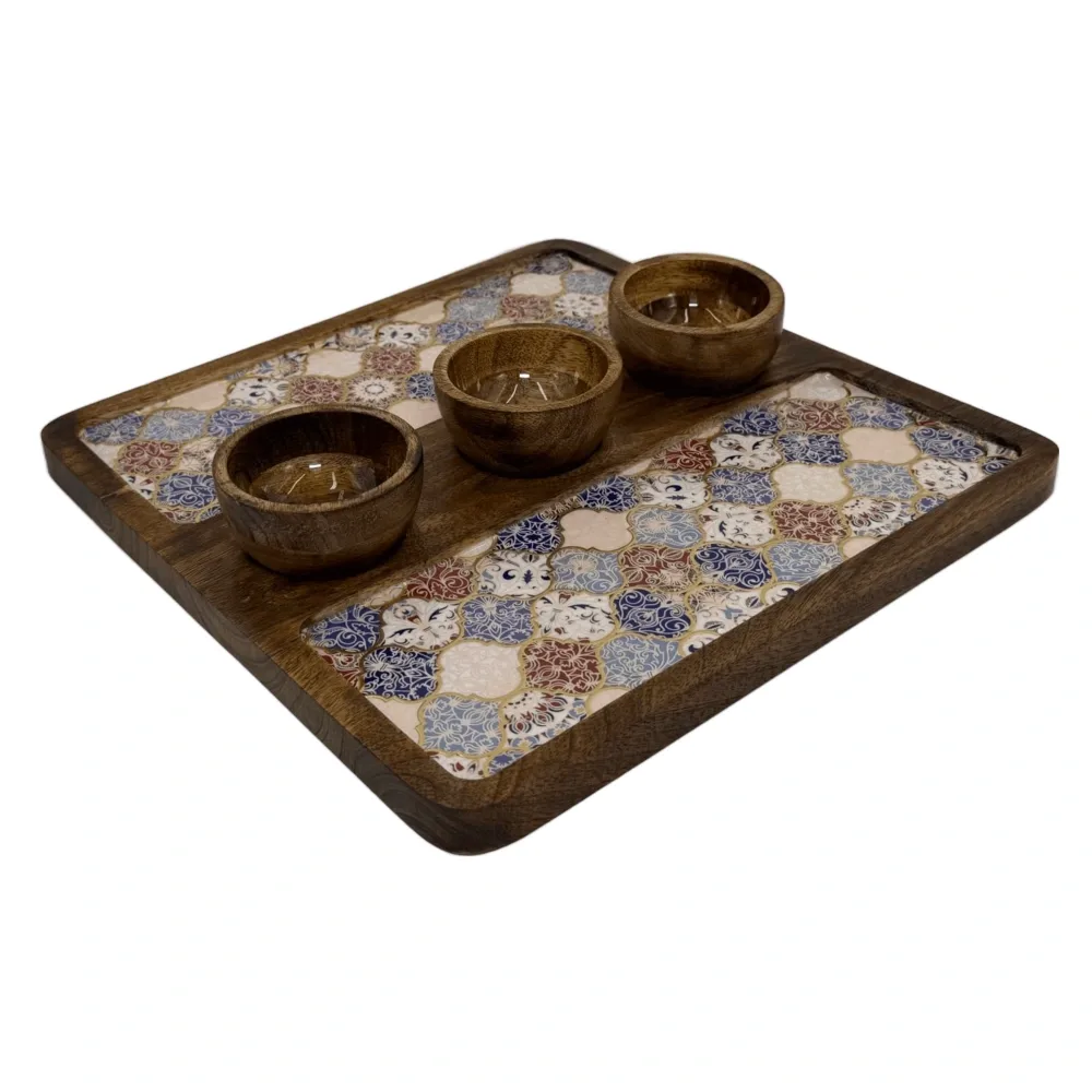Decorative Wooden Snack Platter with Three Bowls, Handcrafted 12x12" Square Wooden Serving Tray for Dips & Nuts