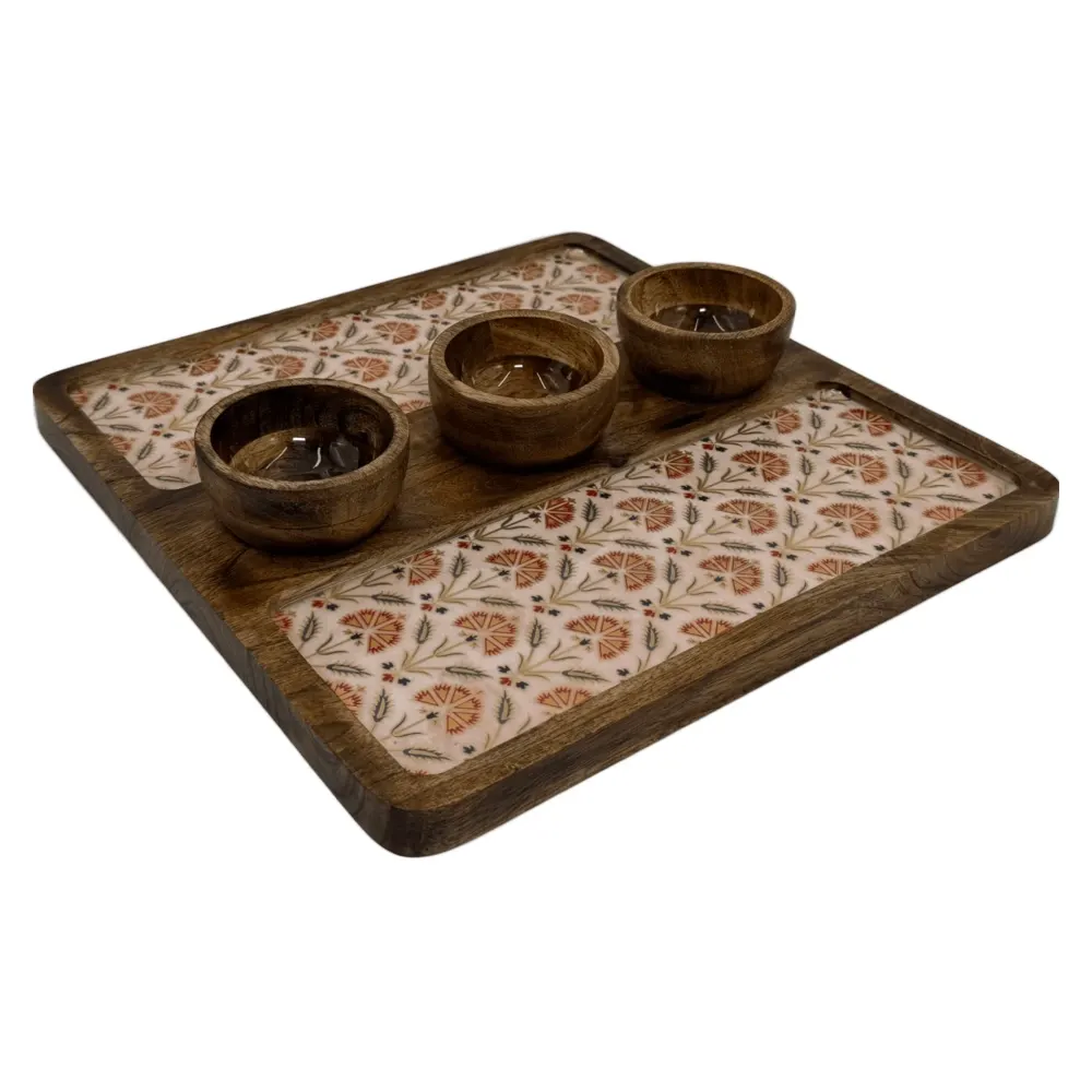 Decorative Wooden Snack Platter with Three Bowls, Handcrafted 12x12" Square Wooden Serving Tray for Dips & Nuts