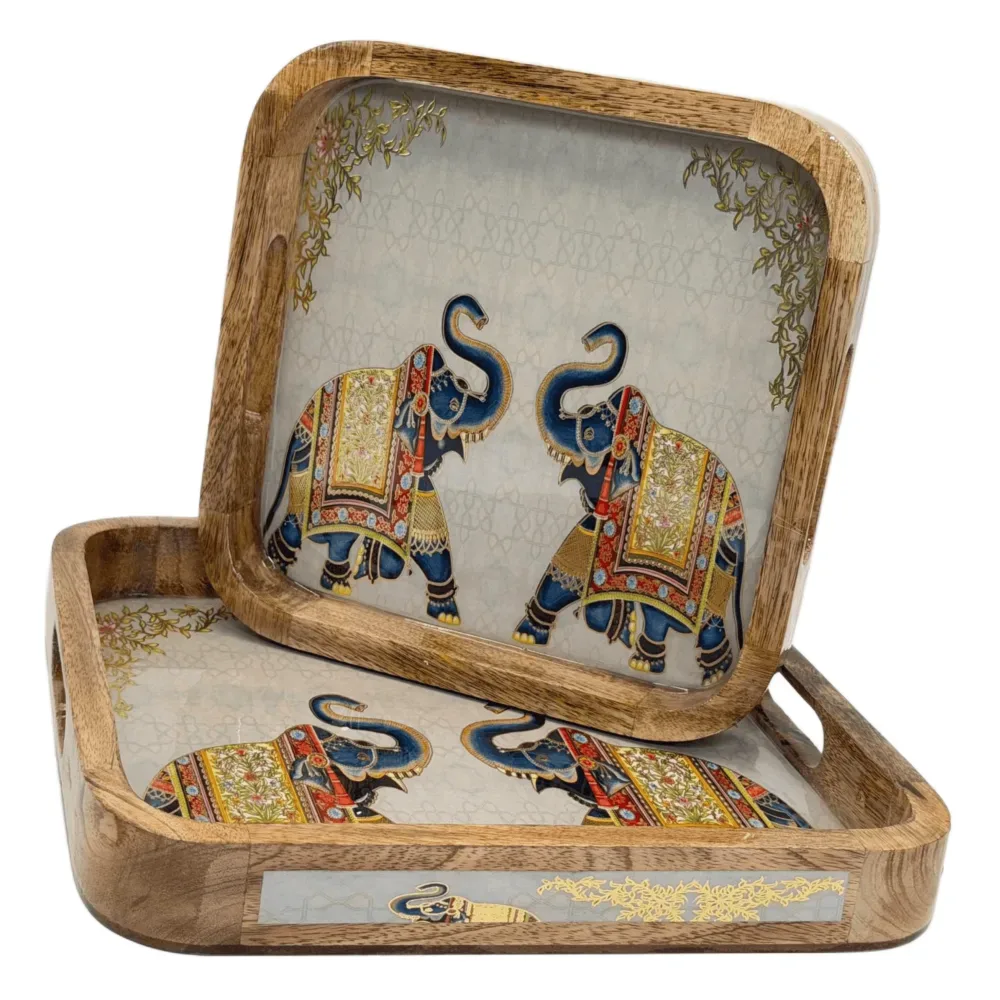 Premium 2-Piece Wooden Serving Tray Set with Handles | Handmade Square Decorative Wooden Tray Set