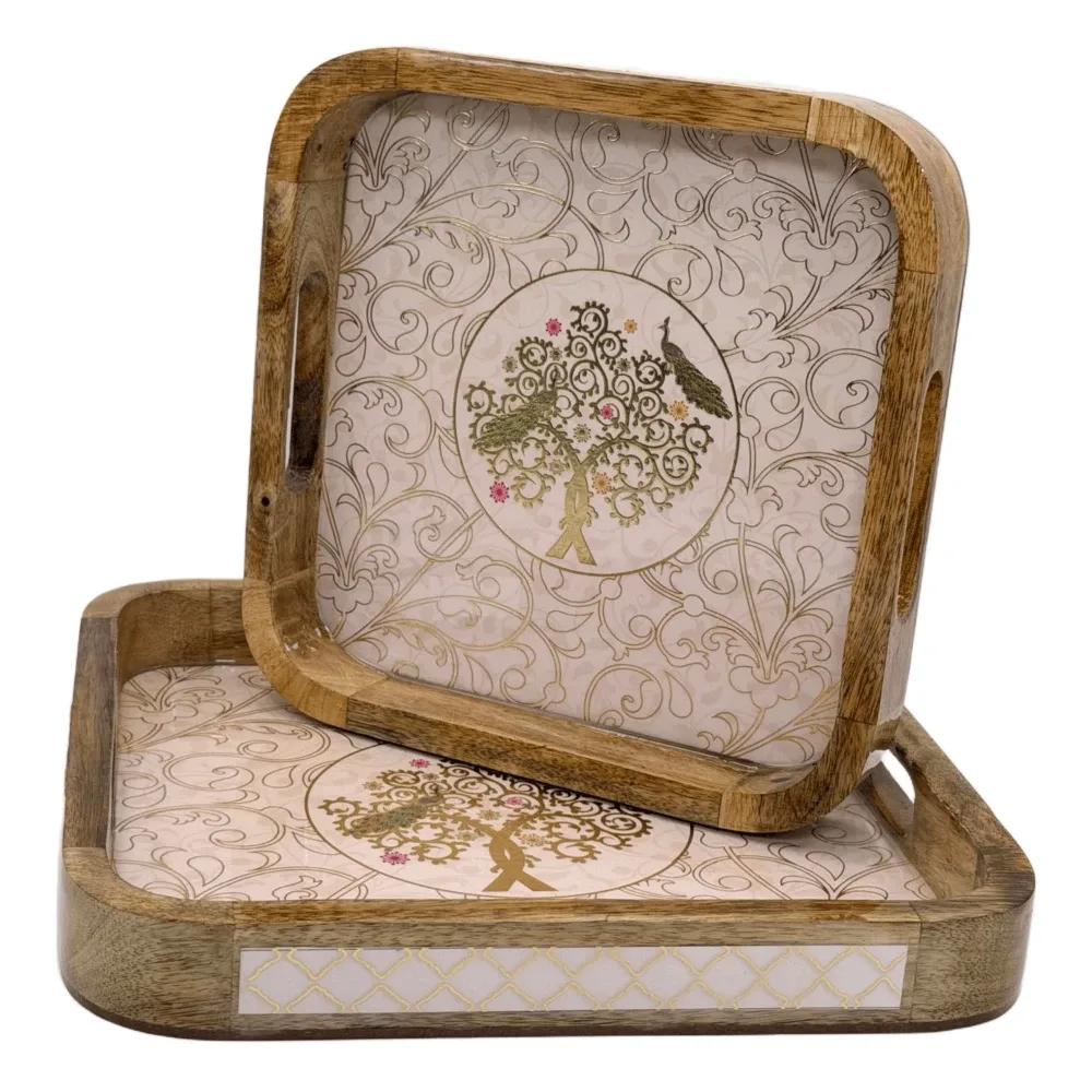 Premium 2-Piece Wooden Serving Tray Set with Handles | Handmade Square Decorative Wooden Tray Set
