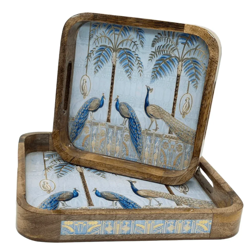 Premium 2-Piece Wooden Serving Tray Set with Handles | Handmade Square Decorative Wooden Tray Set