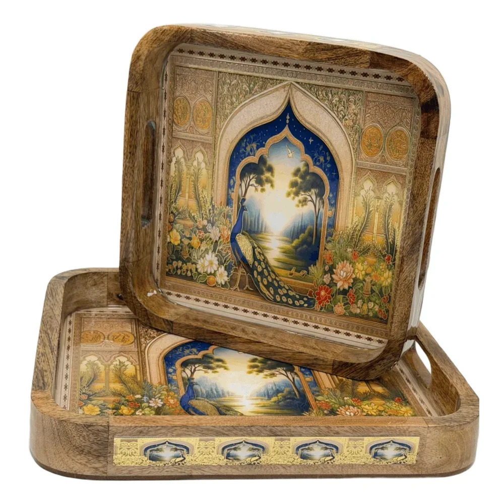 Premium 2-Piece Wooden Serving Tray Set with Handles | Handmade Square Decorative Wooden Tray Set