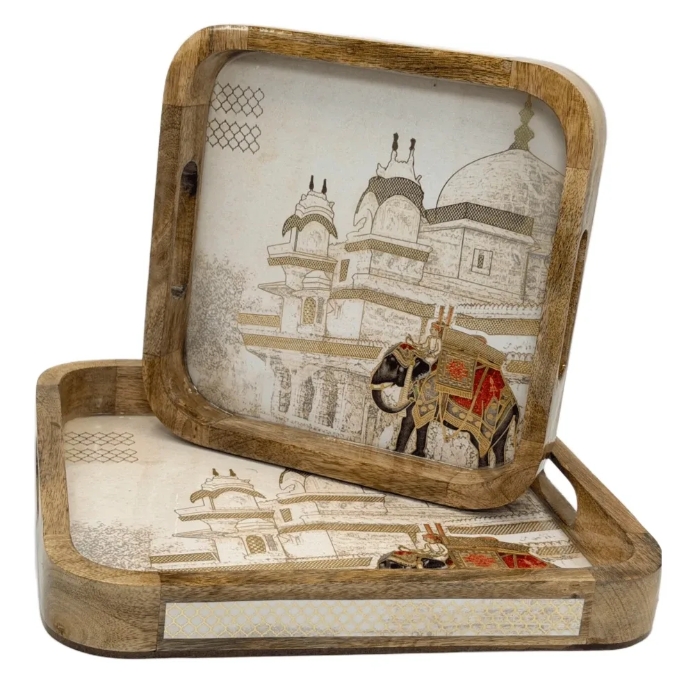 Premium 2-Piece Wooden Serving Tray Set with Handles | Handmade Square Decorative Wooden Tray Set