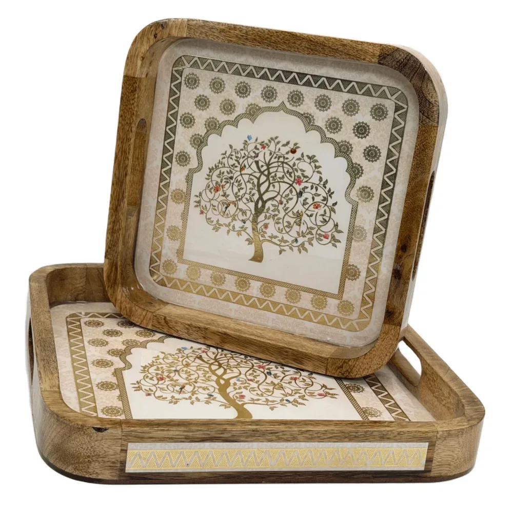 Premium 2-Piece Wooden Serving Tray Set with Handles | Handmade Square Decorative Wooden Tray Set