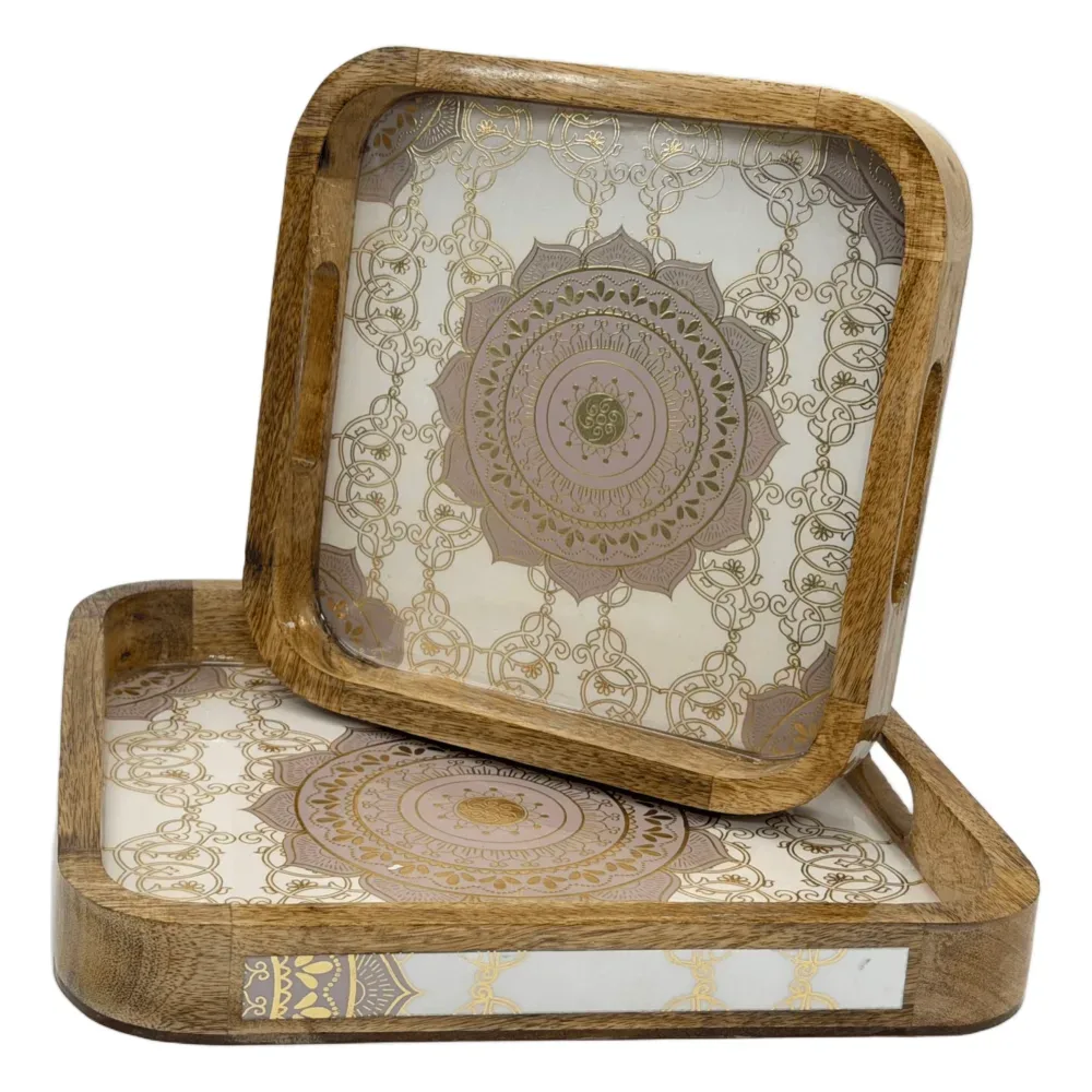 Premium 2-Piece Wooden Serving Tray Set with Handles | Handmade Square Decorative Wooden Tray Set