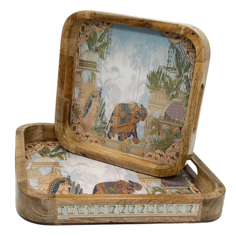 Premium 2-Piece Wooden Serving Tray Set with Handles | Handmade Square Decorative Wooden Tray Set