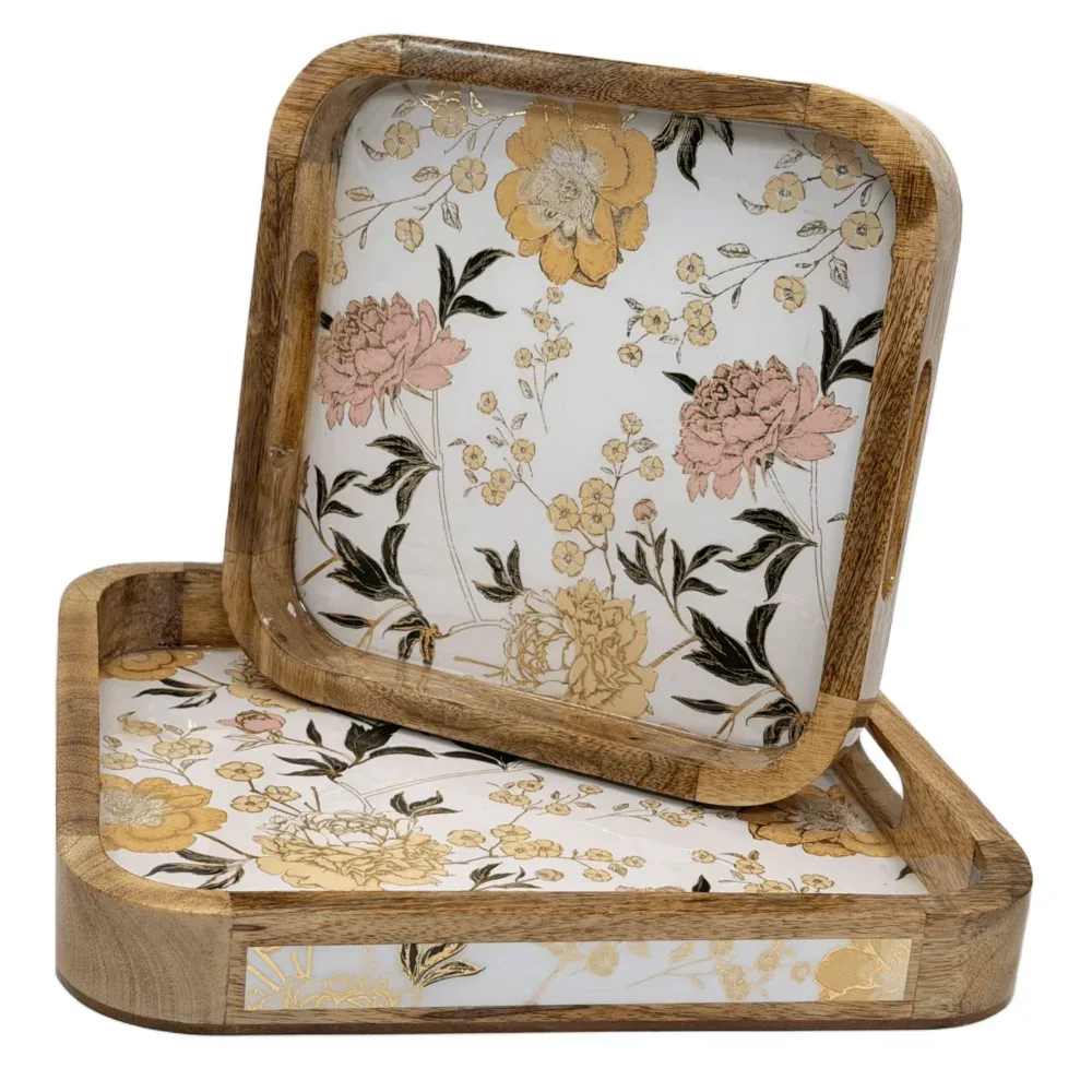 Premium 2-Piece Wooden Serving Tray Set with Handles | Handmade Square Decorative Wooden Tray Set