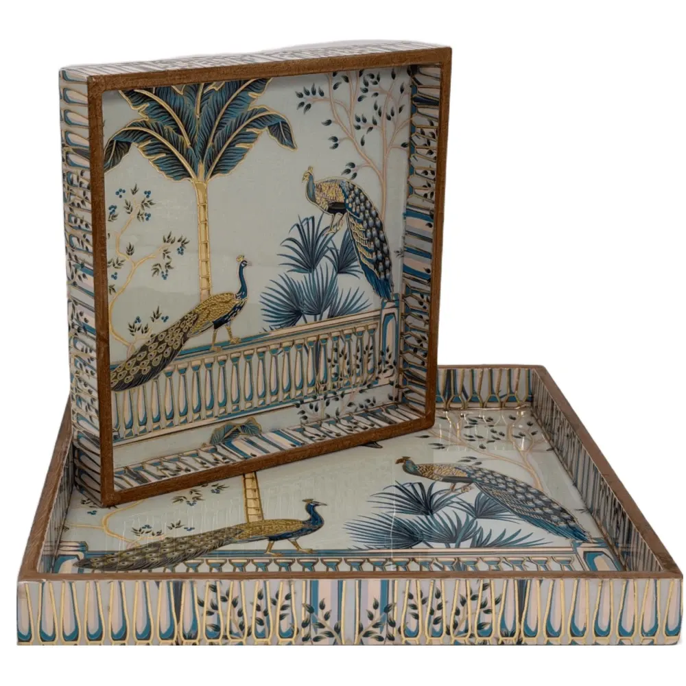 Heritage Style Wooden Serving Tray Set of 2 | Handcrafted Square Wooden Tray Set with Royal Traditional Motifs for Home & Entertaining