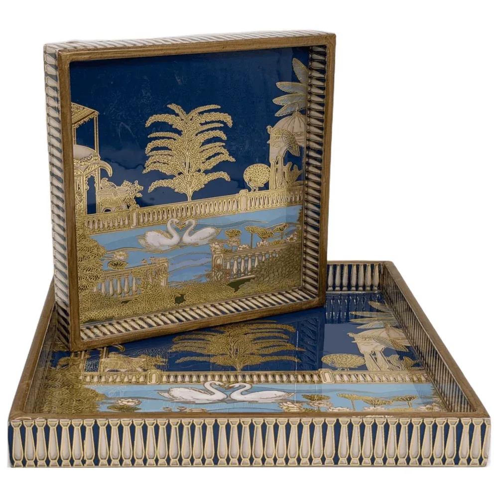 Heritage Style Wooden Serving Tray Set of 2 | Handcrafted Square Wooden Tray Set with Royal Traditional Motifs for Home & Entertaining