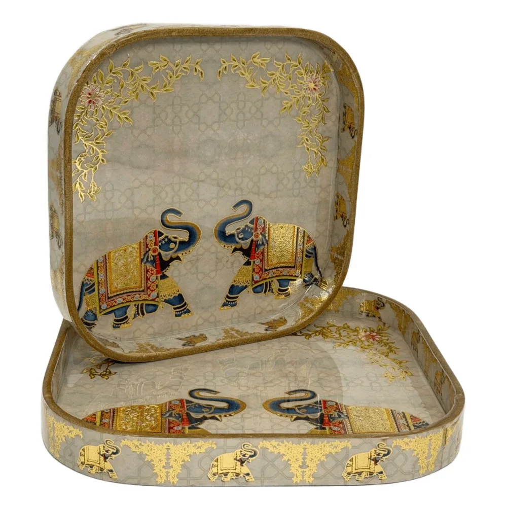 Decorative Wooden Tray Set of 2 with Traditional Design | Handcrafted Square Wooden Tray Set for Tea, Snacks & Home Décor