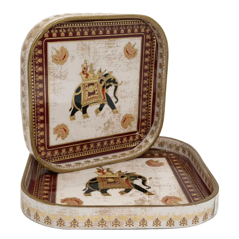 Decorative Wooden Tray Set of 2 with Traditional Design | Handcrafted Square Wooden Tray Set for Tea, Snacks & Home Décor