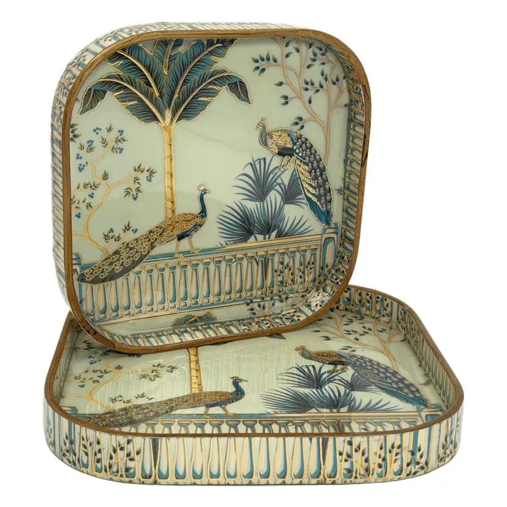 Decorative Wooden Tray Set of 2 with Traditional Design | Handcrafted Square Wooden Tray Set for Tea, Snacks & Home Décor