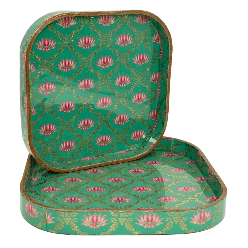 Decorative Wooden Tray Set of 2 with Traditional Design | Handcrafted Square Wooden Tray Set for Tea, Snacks & Home Décor