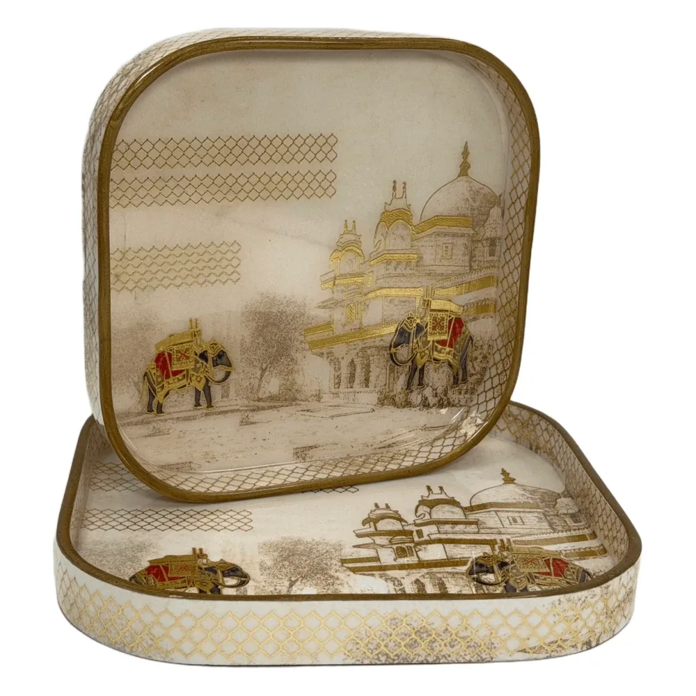Decorative Wooden Tray Set of 2 with Traditional Design | Handcrafted Square Wooden Tray Set for Tea, Snacks & Home Décor