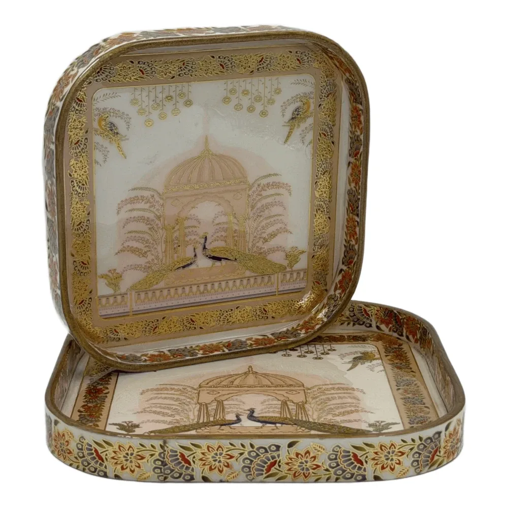 Decorative Wooden Tray Set of 2 with Traditional Design | Handcrafted Square Wooden Tray Set for Tea, Snacks & Home Décor
