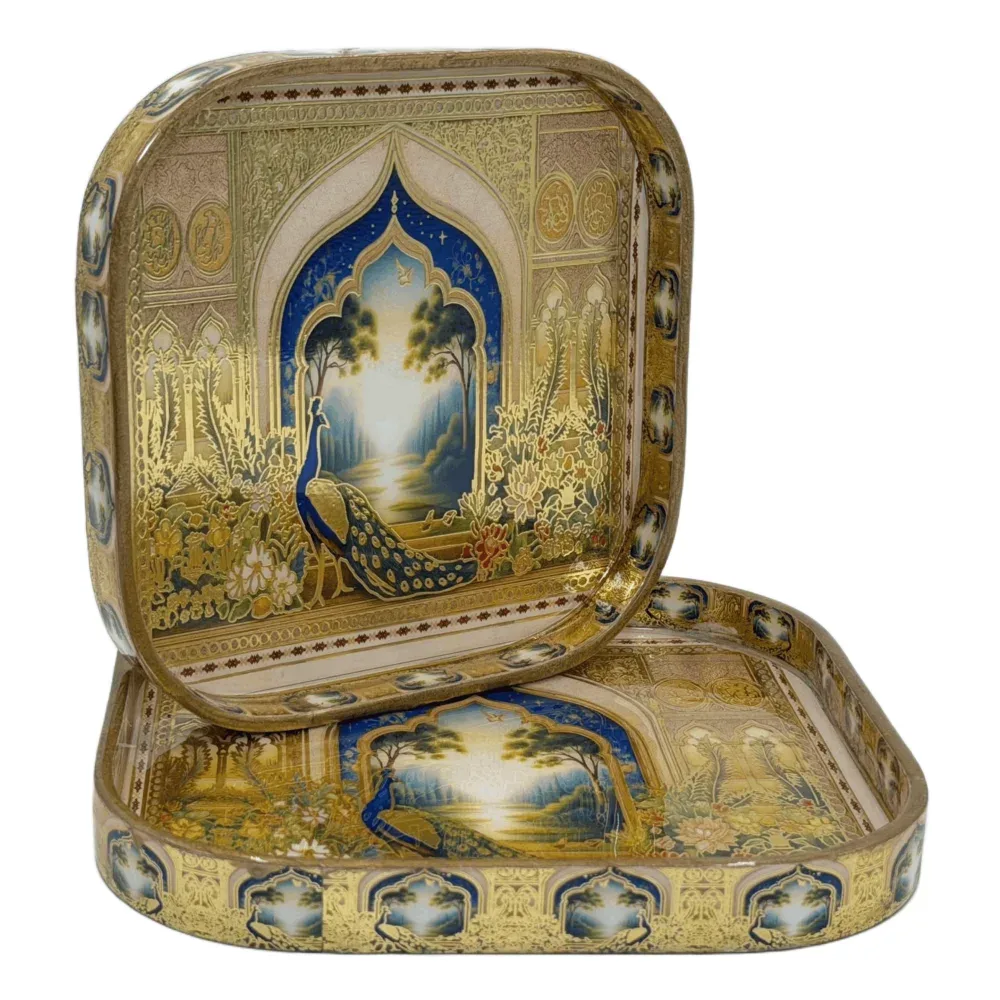 Decorative Wooden Tray Set of 2 with Traditional Design | Handcrafted Square Wooden Tray Set for Tea, Snacks & Home Décor