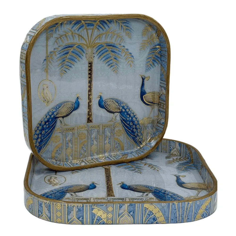 Decorative Wooden Tray Set of 2 with Traditional Design | Handcrafted Square Wooden Tray Set for Tea, Snacks & Home Décor