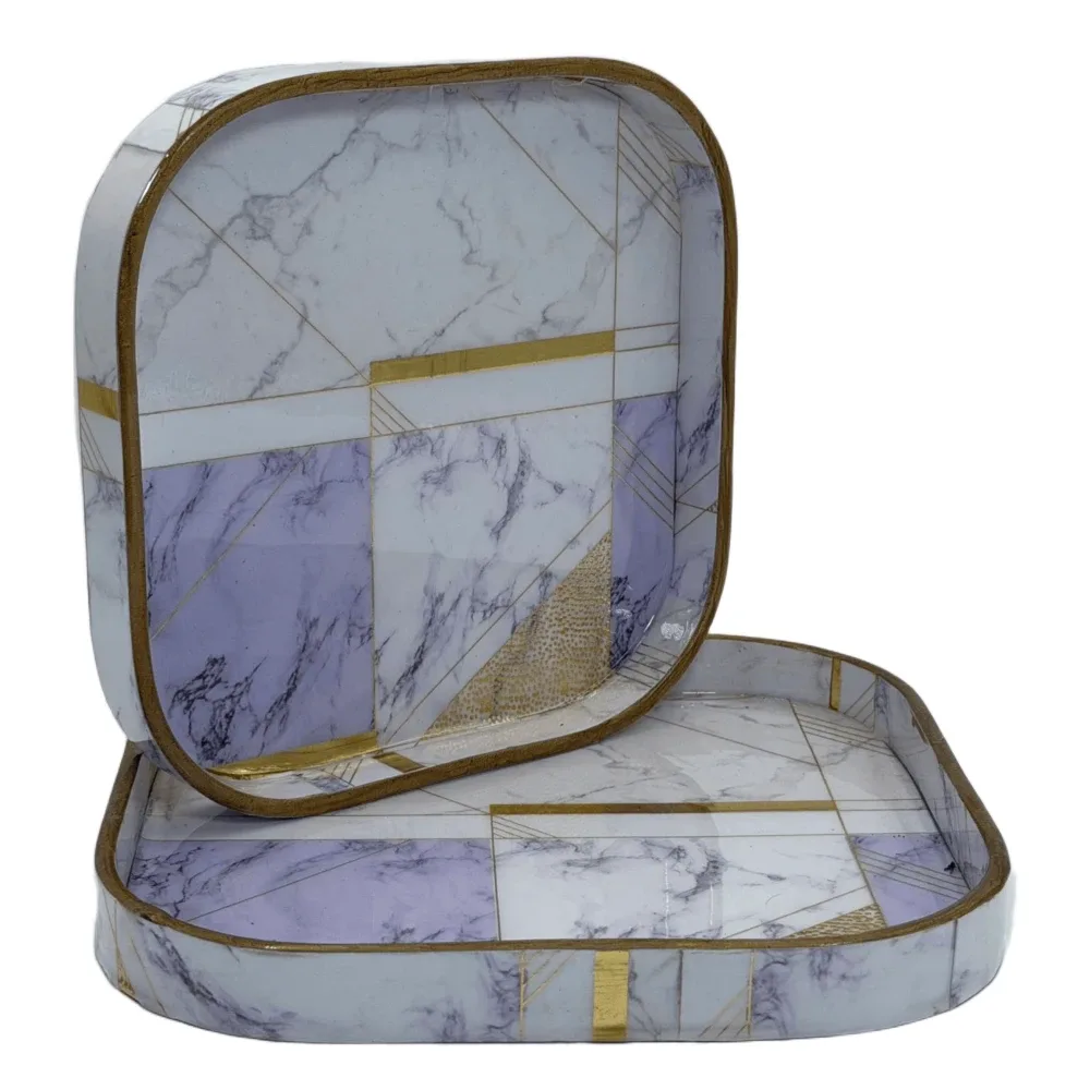 Decorative Wooden Tray Set of 2 with Traditional Design | Handcrafted Square Wooden Tray Set for Tea, Snacks & Home Décor