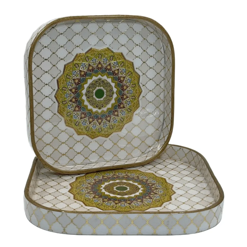 Decorative Wooden Tray Set of 2 with Traditional Design | Handcrafted Square Wooden Tray Set for Tea, Snacks & Home Décor