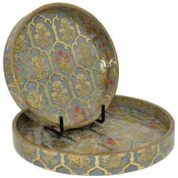 Handmade Decorative Round Serving Platter Set of 2 | Handcrafted Wooden Serving Tray Set with Floral Artwork & Gold Frame