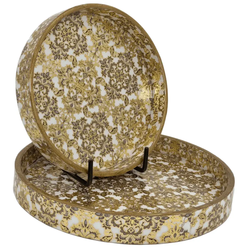 Handmade Decorative Round Serving Platter Set of 2 | Handcrafted Wooden Serving Tray Set with Floral Artwork & Gold Frame