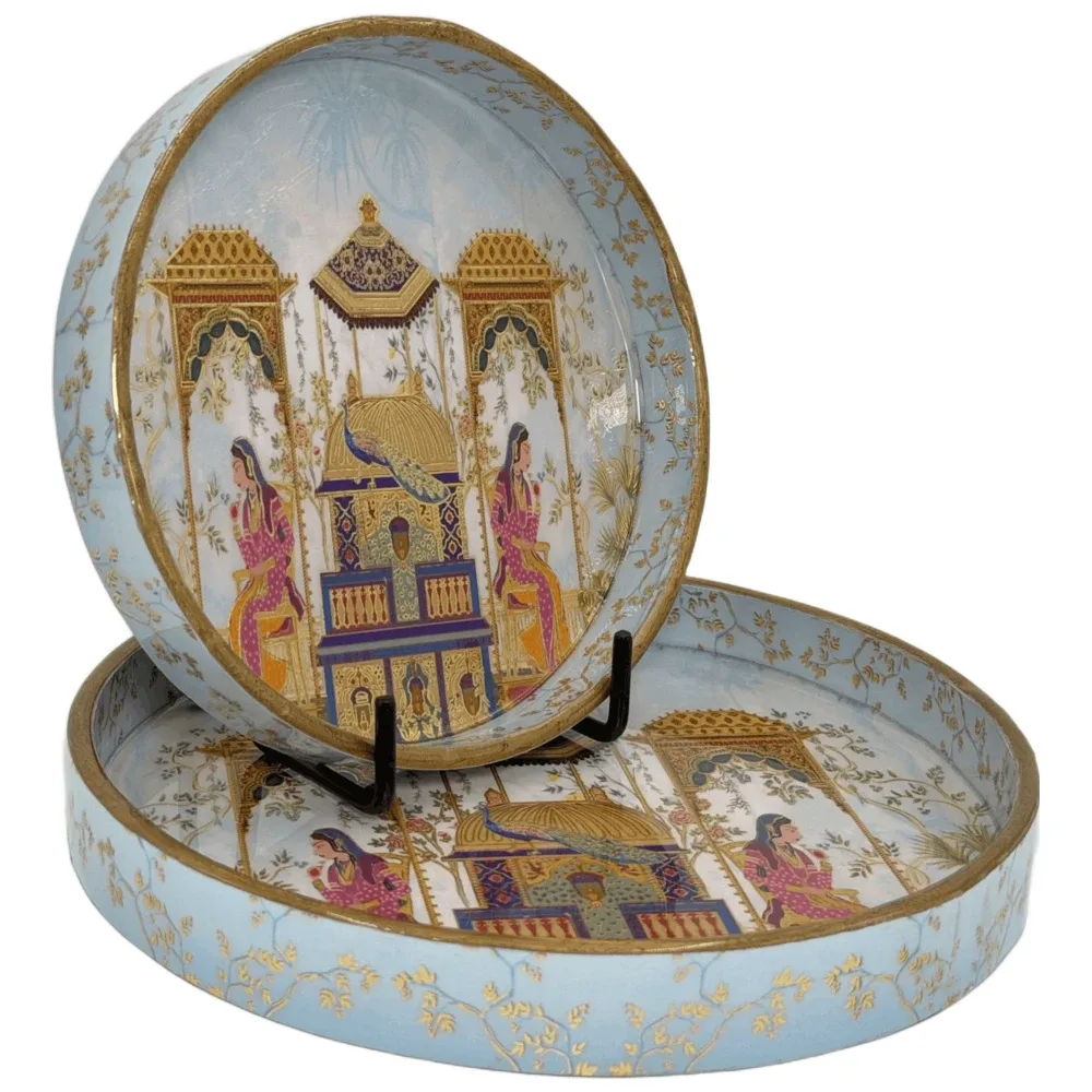 Handmade Decorative Round Serving Platter Set of 2 | Handcrafted Wooden Serving Tray Set with Floral Artwork & Gold Frame