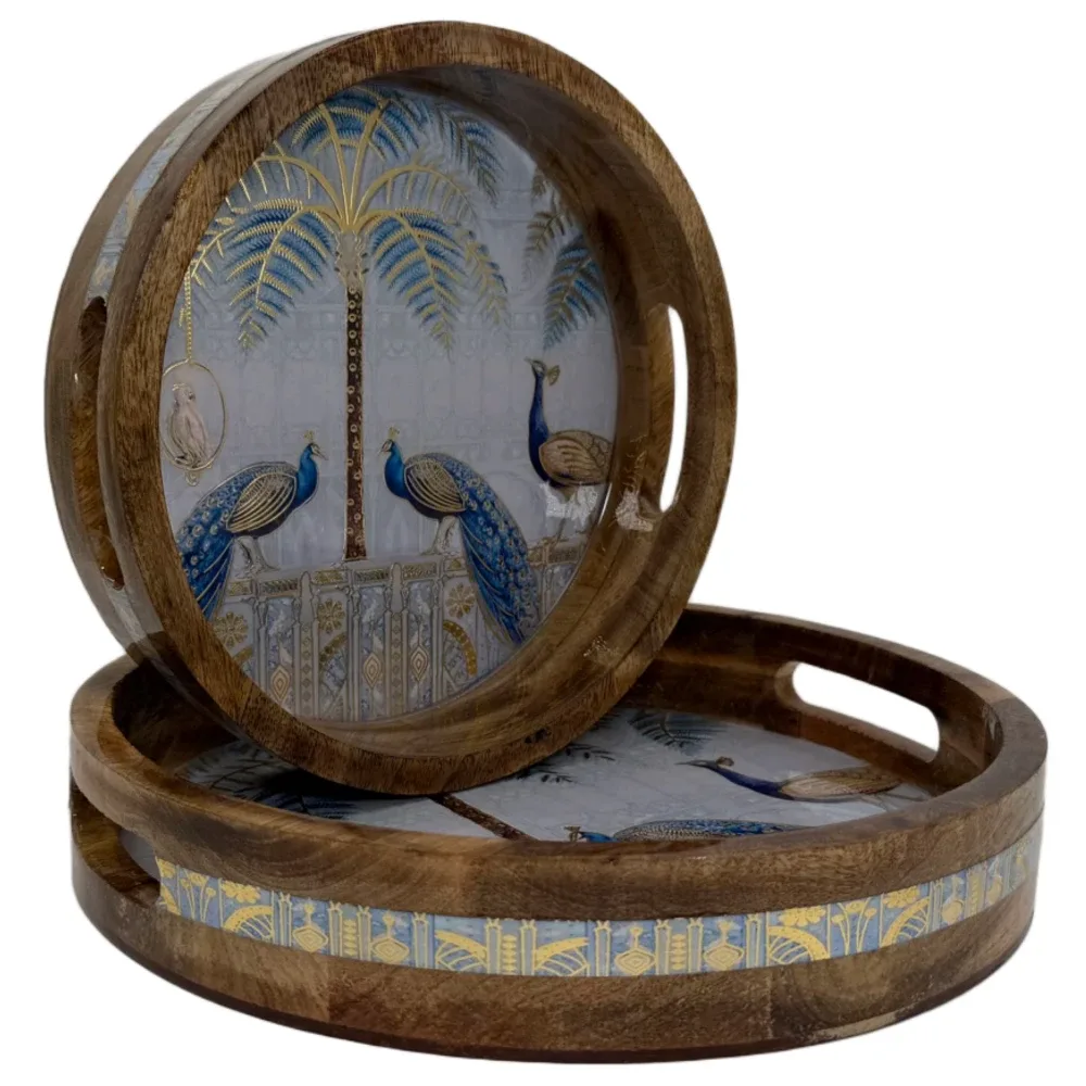 Premium 2 Piece Round Wooden Serving Tray Set with Handles | Handcrafted 15mm Mango Wood Round Serving Tray (10" & 12")