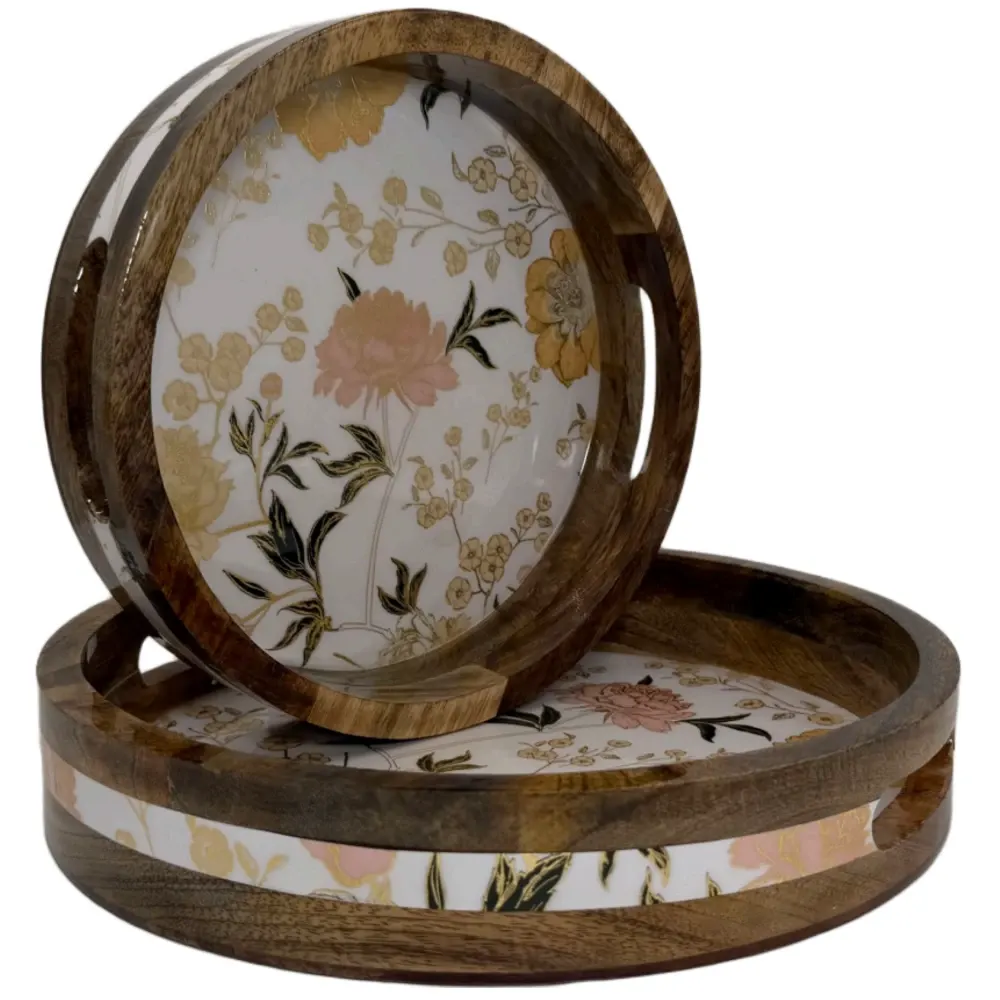 Premium 2 Piece Round Wooden Serving Tray Set with Handles | Handcrafted 15mm Mango Wood Round Serving Tray (10" & 12")