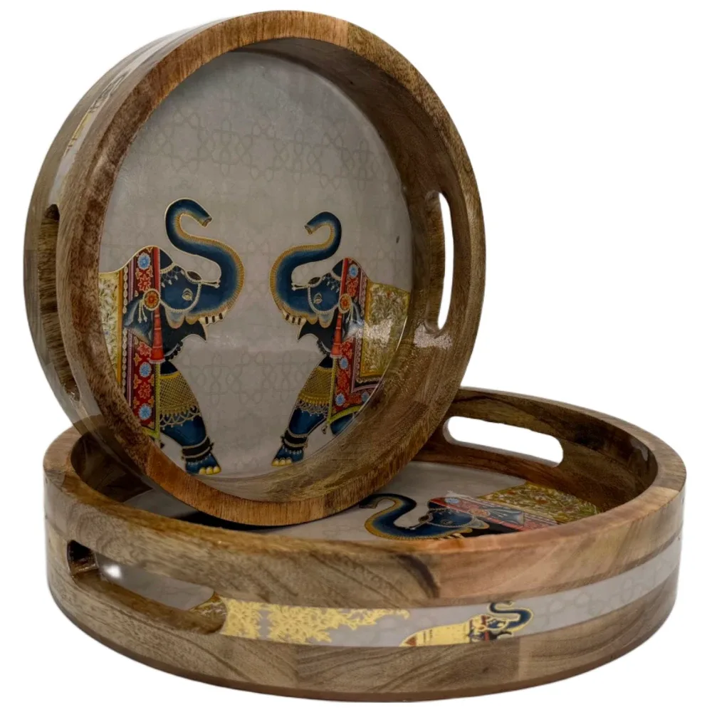 Premium 2 Piece Round Wooden Serving Tray Set with Handles | Handcrafted 15mm Mango Wood Round Serving Tray (10" & 12")