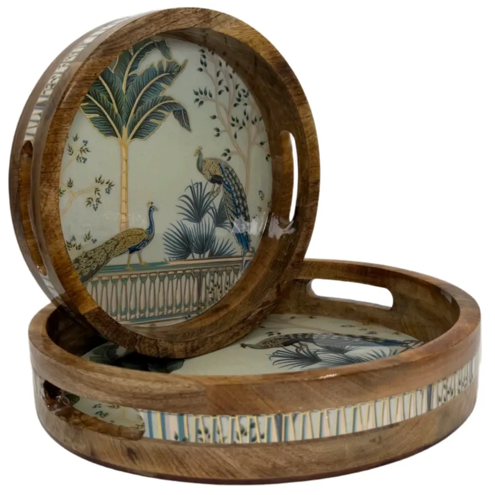 Premium 2 Piece Round Wooden Serving Tray Set with Handles | Handcrafted 15mm Mango Wood Round Serving Tray (10" & 12")