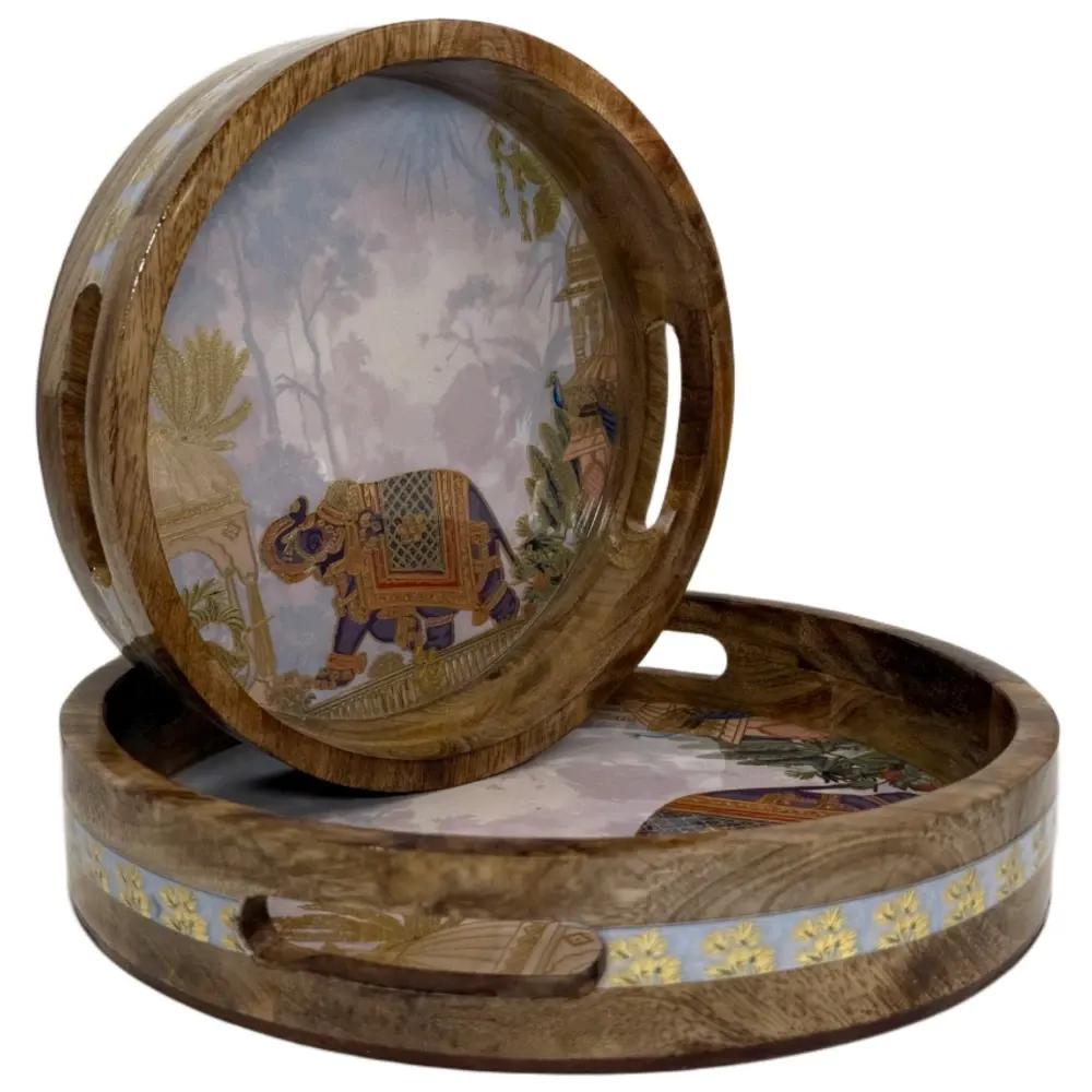 Premium 2 Piece Round Wooden Serving Tray Set with Handles | Handcrafted 15mm Mango Wood Round Serving Tray (10" & 12")