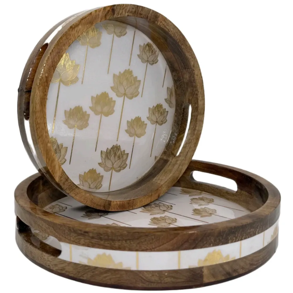 Premium 2 Piece Round Wooden Serving Tray Set with Handles | Handcrafted 15mm Mango Wood Round Serving Tray (10" & 12")