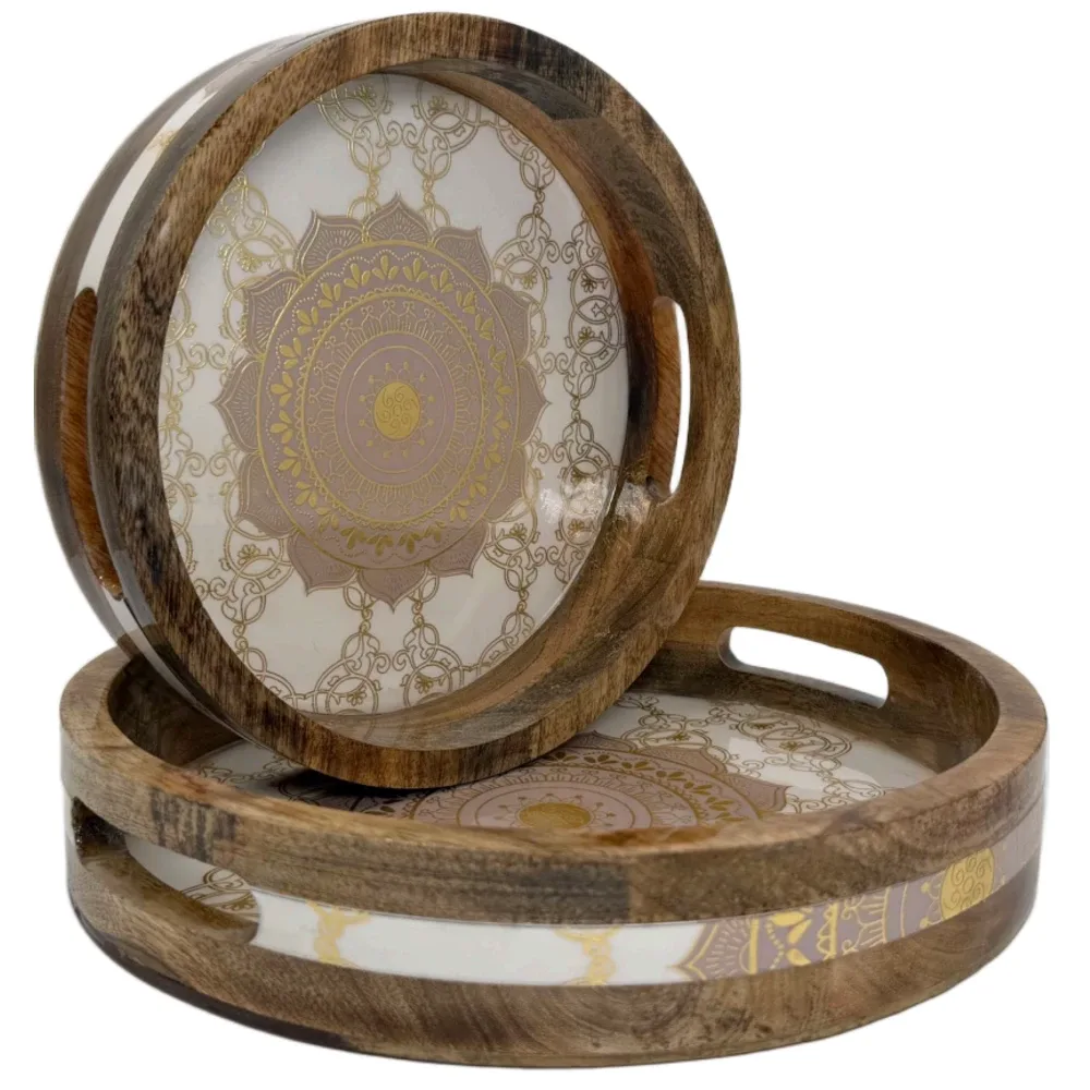 Premium 2 Piece Round Wooden Serving Tray Set with Handles | Handcrafted 15mm Mango Wood Round Serving Tray (10" & 12")