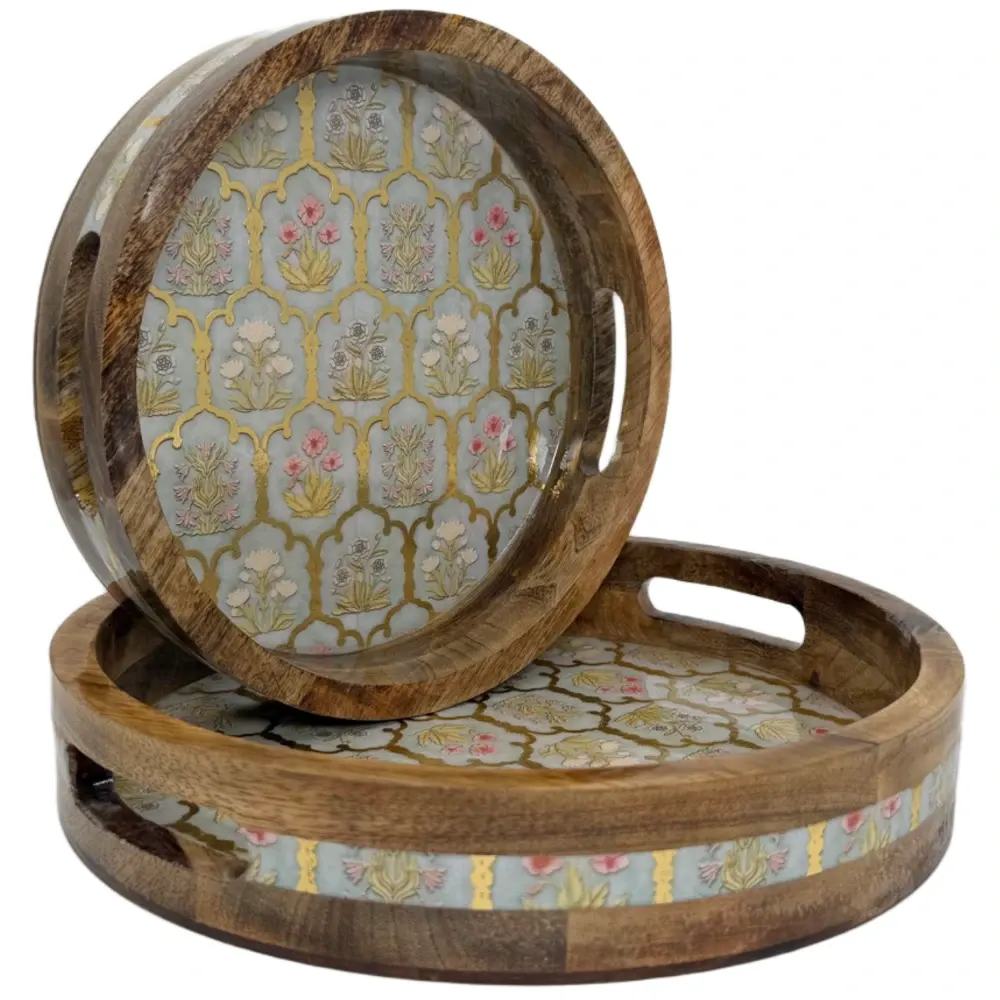 Premium 2 Piece Round Wooden Serving Tray Set with Handles | Handcrafted 15mm Mango Wood Round Serving Tray (10" & 12")