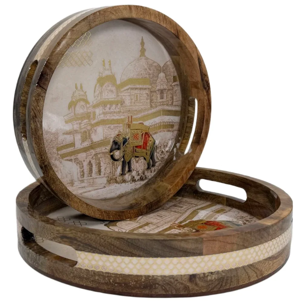 Premium 2 Piece Round Wooden Serving Tray Set with Handles | Handcrafted 15mm Mango Wood Round Serving Tray (10" & 12")