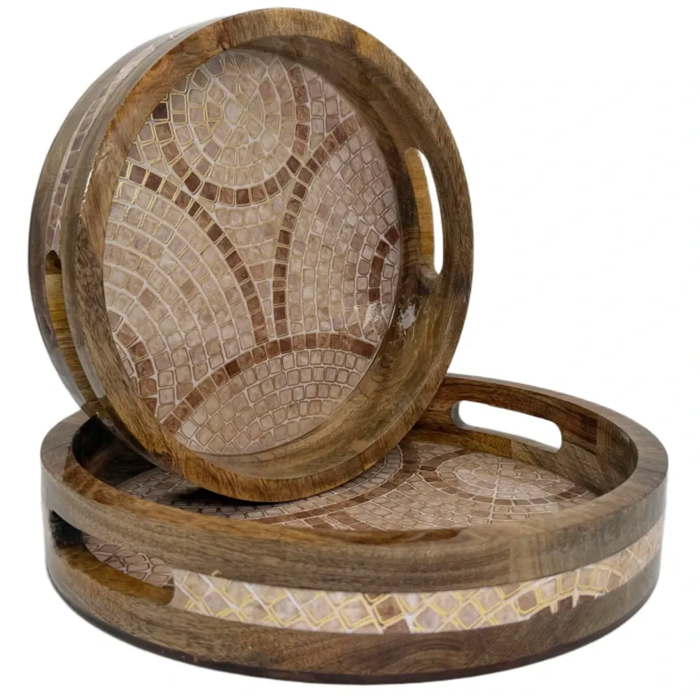 Premium 2 Piece Round Wooden Serving Tray Set with Handles | Handcrafted 15mm Mango Wood Round Serving Tray (10" & 12")