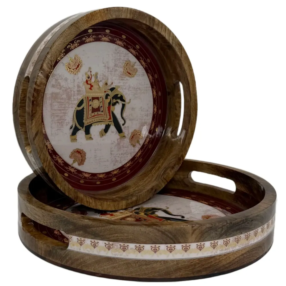 Premium 2 Piece Round Wooden Serving Tray Set with Handles | Handcrafted 15mm Mango Wood Round Serving Tray (10" & 12")