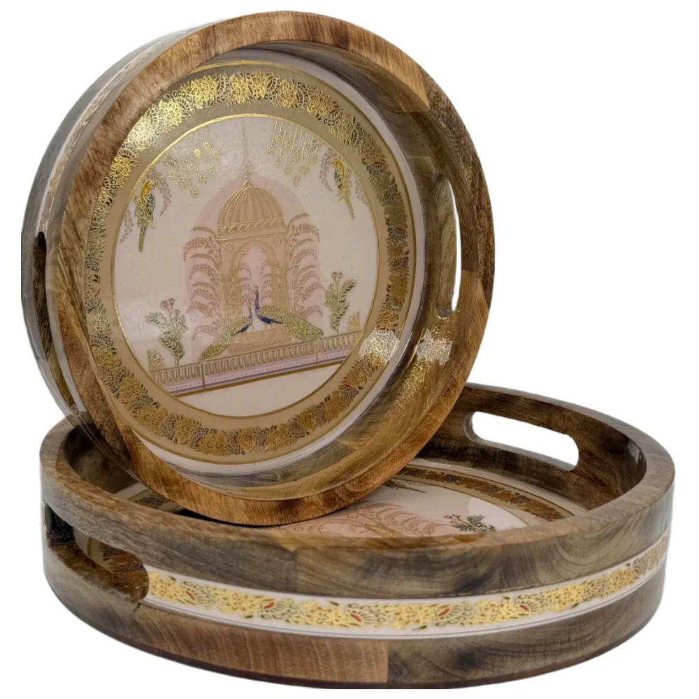 Premium 2 Piece Round Wooden Serving Tray Set with Handles | Handcrafted 15mm Mango Wood Round Serving Tray (10" & 12")
