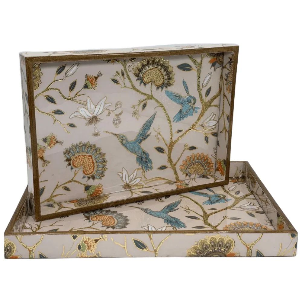 Heritage-Inspired Rectangular Wooden Tray Set of 2 | Handcrafted Serving Trays for Tea, Snacks & Home Décor
