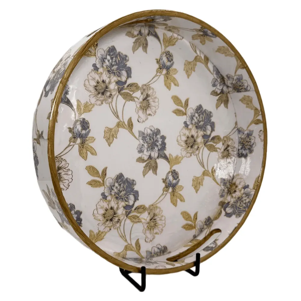 Premium 12 Inch Round Wooden Serving Tray with Handles | Printed Round Wooden Tray for Home & Snacks