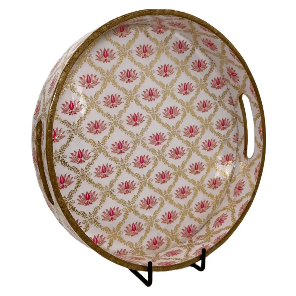 Premium 12 Inch Round Wooden Serving Tray with Handles | Printed Round Wooden Tray for Home & Snacks