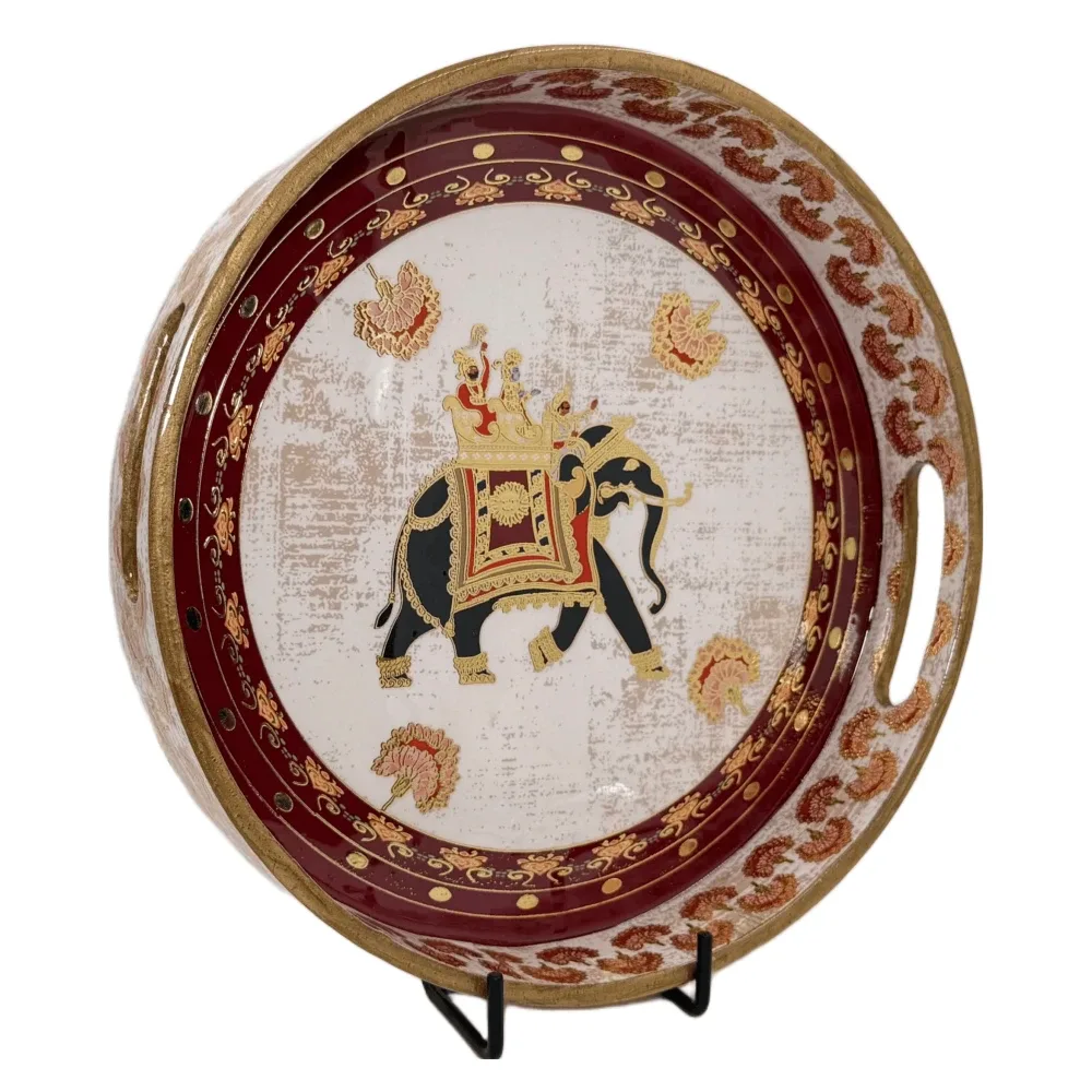 Premium 12 Inch Round Wooden Serving Tray with Handles | Printed Round Wooden Tray for Home & Snacks