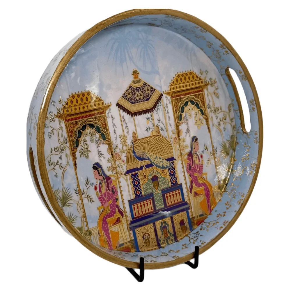 Premium 12 Inch Round Wooden Serving Tray with Handles | Printed Round Wooden Tray for Home & Snacks