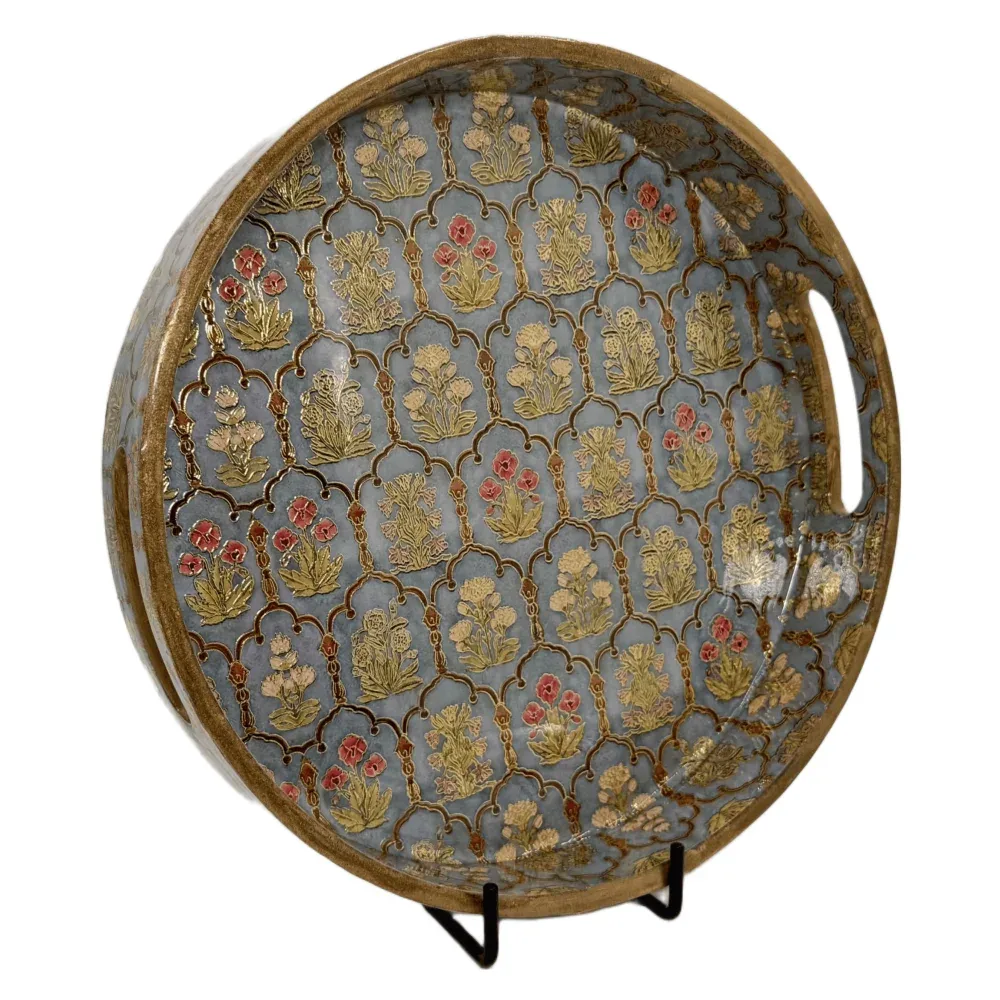 Premium 12 Inch Round Wooden Serving Tray with Handles | Printed Round Wooden Tray for Home & Snacks