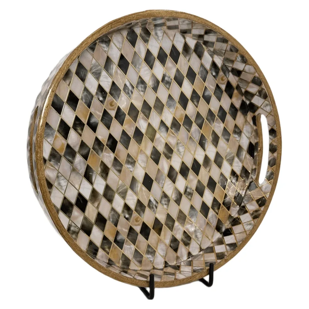Premium 12 Inch Round Wooden Serving Tray with Handles | Printed Round Wooden Tray for Home & Snacks