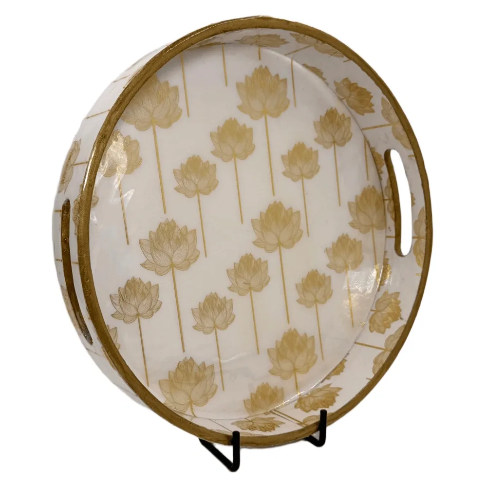 Premium 12 Inch Round Wooden Serving Tray with Handles | Printed Round Wooden Tray for Home & Snacks