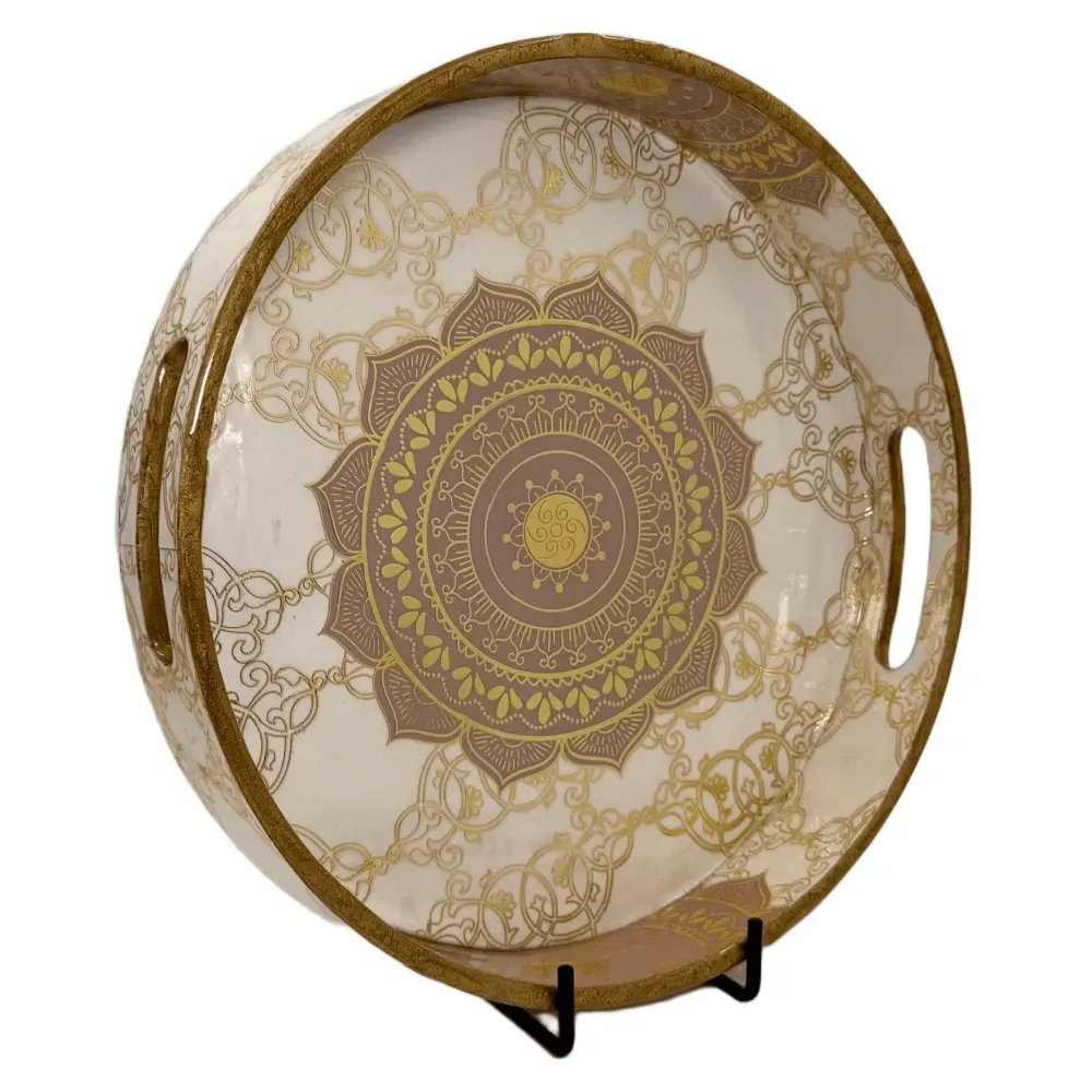 Premium 12 Inch Round Wooden Serving Tray with Handles | Printed Round Wooden Tray for Home & Snacks