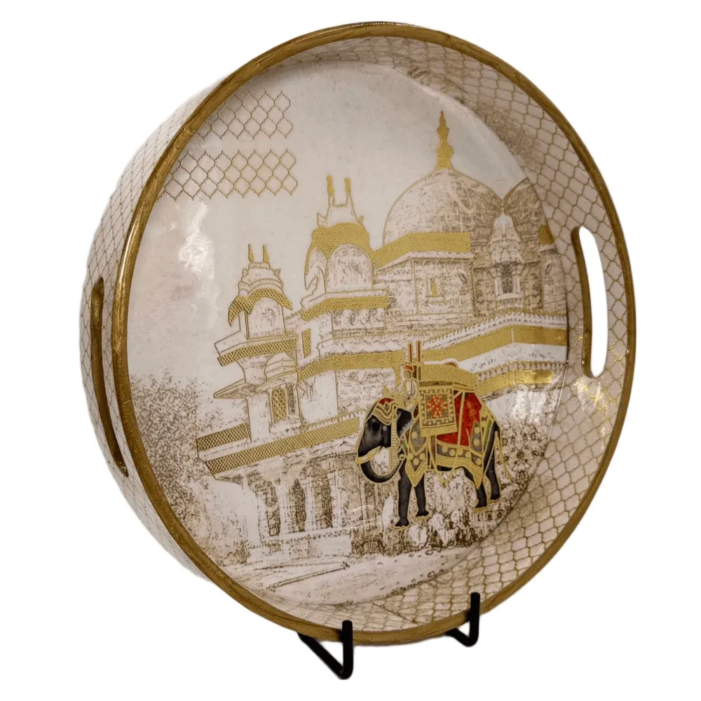 Premium 12 Inch Round Wooden Serving Tray with Handles | Printed Round Wooden Tray for Home & Snacks