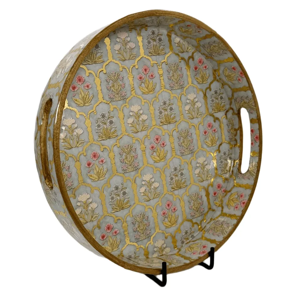 Premium 12 Inch Round Wooden Serving Tray with Handles | Printed Round Wooden Tray for Home & Snacks
